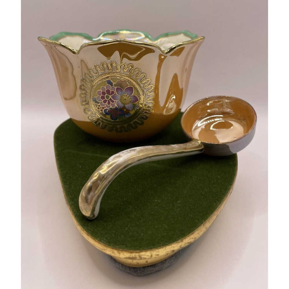 Rare Vintage Iridescent Noritake Bowl & Ladle Gold Luster Hand Painted in Japan
